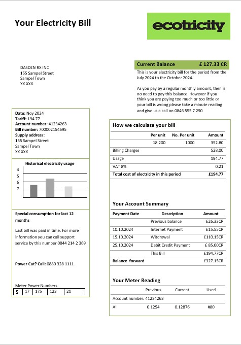 United Kingdom Ecotricity electricity business utility bill template in Word and PDF formats